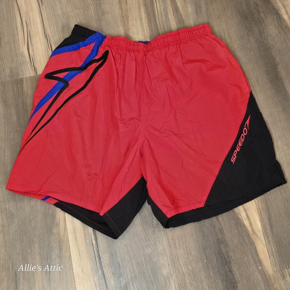Speedo Swim Shorts Trunks Mens Red Black Blue Colorblock Vintage Retro 90s Large
